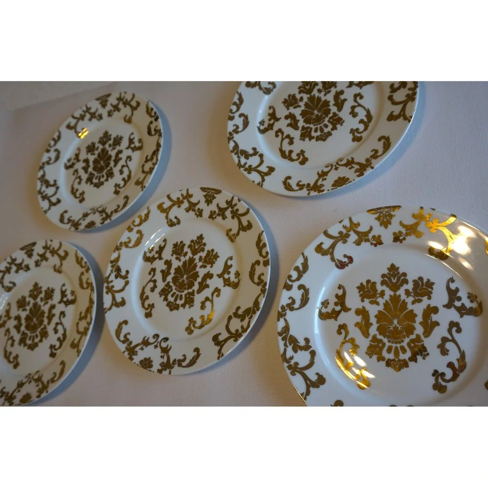 R Table by Rosanna Gold Damask White Porcelain Salad Dessert Plates Set of 5, 8